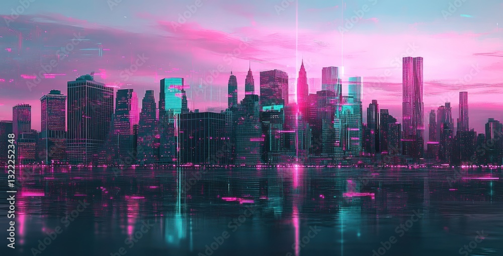 Fototapeta premium A futuristic cityscape at twilight displays vibrant pink and teal hues