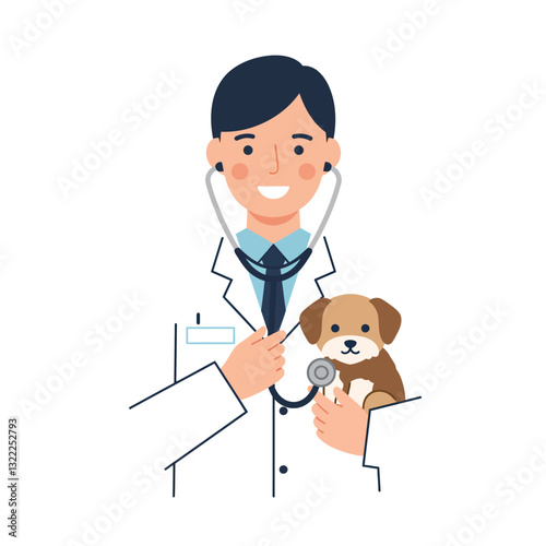 Friendly veterinarian holding a puppy in a flat vector illustration style