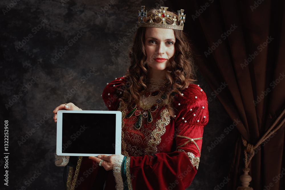 medieval queen in red dress showing tablet PC blank screen