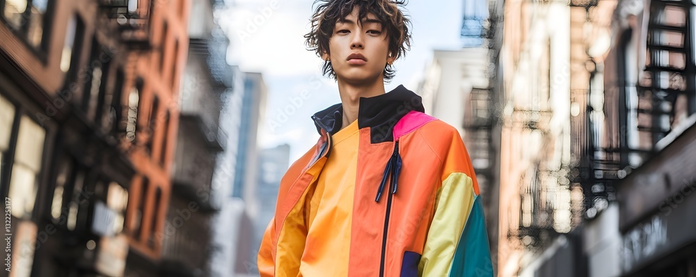 Young man in colorful jacket stands in urban street setting Young man in colorful jacket stands in urban street setting