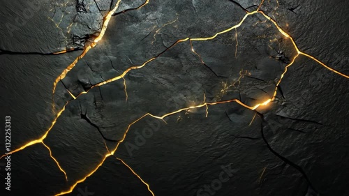 Dark surface with glowing cracks revealing a fiery core during twilight hours in an abstract design