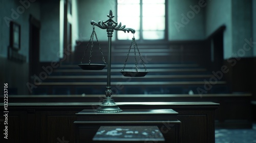 A balanced scale stands alone in a solemn courtroom, symbolizing justice and fairness in an atmospheric setting.