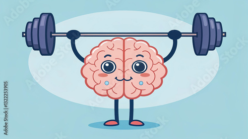 humorous and motivational illustration of brain lifting weights, symbolizing mental strength and fitness. This playful design encourages positive mindset towards brain health and exercise