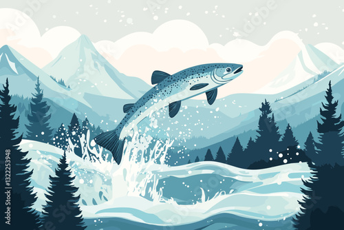 Leaping Salmon in Mountain River
A fish jumps out of the water with splashes, surrounded by pine trees and mountains in a blue-toned landscape.