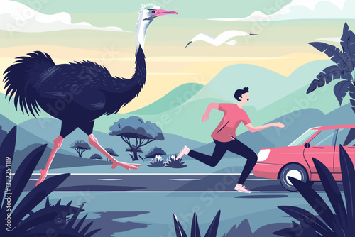 Man Running from Giant Ostrich.
A stylized scene of a man fleeing from an oversized ostrich on a road, with mountains and trees in the background.