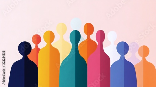 Diverse silhouettes of people standing together in colorful shades against a minimalist background