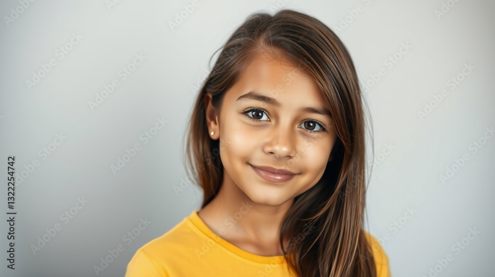 Happy Young Girl with Long Brown Hair and Warm Smile Against a Neutral Background Happy Young Girl with Long Brown Hair and Warm Smile Against a Neutral Background