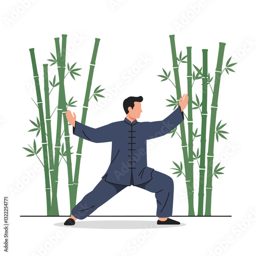 Martial artist practicing Tai Chi in a serene bamboo grove flat vector art