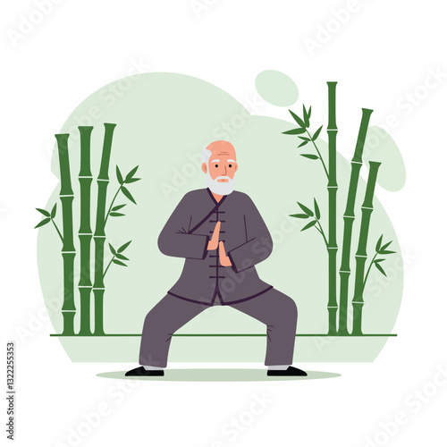 Elderly man practicing Tai Chi in serene bamboo garden flat vector art