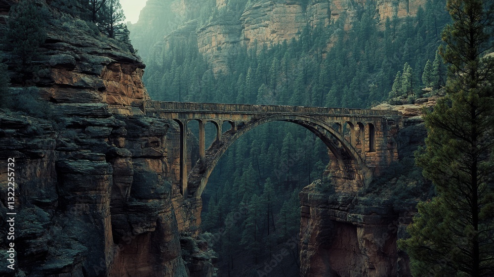 A majestic stone bridge arches over a deep canyon surrounded by verdant pine forests under a misty sky, evoking an air of grandeur and solitude. A majestic stone bridge arches over a deep canyon surrounded by verdant pine forests under a misty sky, evoking an air of grandeur and solitude.