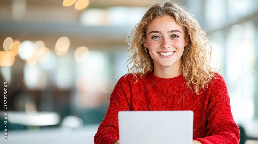 Fototapeta premium Smiling young woman with curly blond hair sits indoors, holding a laptop in her lap; she wears a red sweater against a blurred background