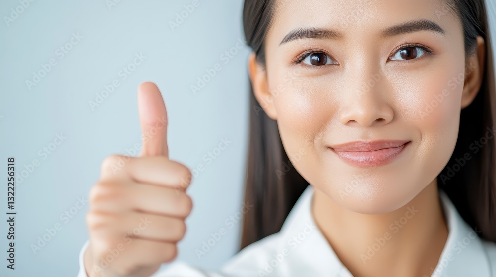 Close up portrait of a young woman with dark hair, giving a thumbs up gesture against a light gray background. She is smiling and her skin appears Close up portrait of a young woman with dark hair, giving a thumbs up gesture against a light gray background. She is smiling and her skin appears
