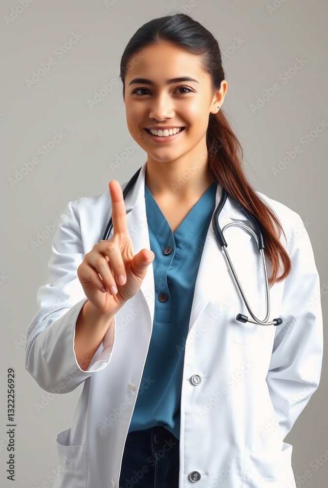 Smiling Female Doctor with Stethoscope Raising Finger in Medical Office Smiling Female Doctor with Stethoscope Raising Finger in Medical Office