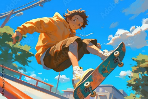 A young skateboarder doing a kickflip in bright daylight