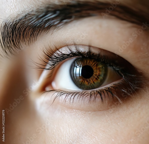 Close-up view of a captivating green and brown eye showcasing intricate details and natural beauty in bright lighting photo