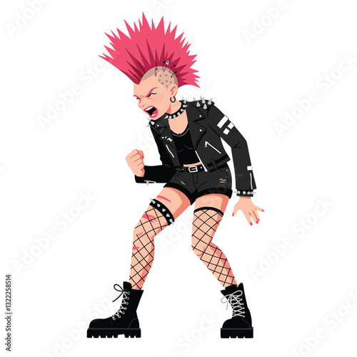 Punk rock character with pink mohawk in detailed flat vector art
