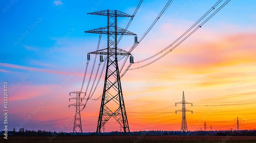 Fototapeta premium Power Lines Towers Against Colorful Sunset Sky Supplying Energy