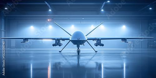A sleek, modern military drone with weaponry is parked inside a high-tech hangar, illuminated by blue industrial lighting.  