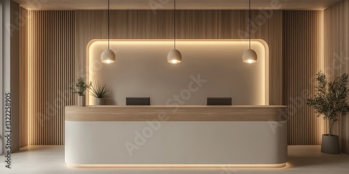 A modern reception desk with wood paneling and soft lighting