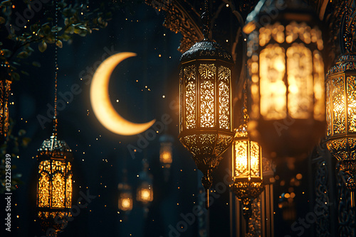 Qadr Night 3D Wallpaper Isolated on Black Background with Ornamental Arabic Patterns and Lanterns. Empty space for text placement. Night of power Laylat al-Qadr