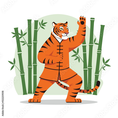 Tiger in Kung Fu Pose Surrounded by Bamboo in Flat Vector Art