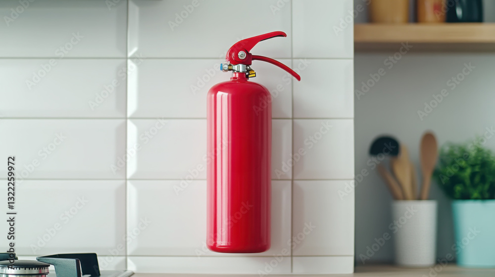 Obraz premium Fire safety preparedness: properly mounted fire extinguisher in modern kitchen design