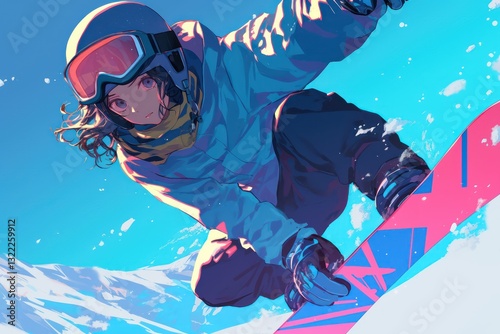 Snowboarder performing a trick in the snowy mountain landscape illustration