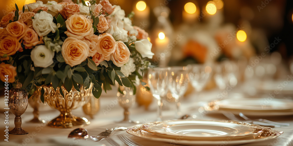 Elegant wedding table setting with floral centerpiece and candlelit ambiance for a luxurious celebration Elegant wedding table setting with floral centerpiece and candlelit ambiance for a luxurious celebration