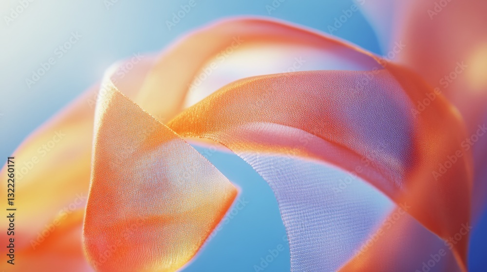 Obraz premium Delicate orange fabric dances gracefully against a soft blue background in a swirl of light and texture.