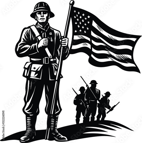 Illustration of a Patriotic Soldier Standing with a Flag and Uniformed Hat