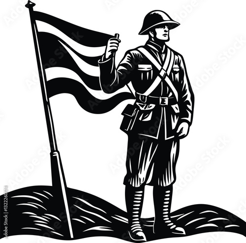 Illustration of a Patriotic Soldier Standing with a Flag and Uniformed Hat