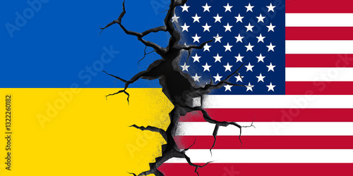 Flag of United states America and Ukraine. Flag of United states America and Ukraine painted on wall divided with crack , United states America and Ukraine, conflict relations , war concept.
