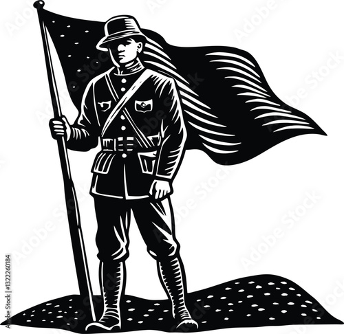 Illustration of a Patriotic Soldier Standing with a Flag and Uniformed Hat