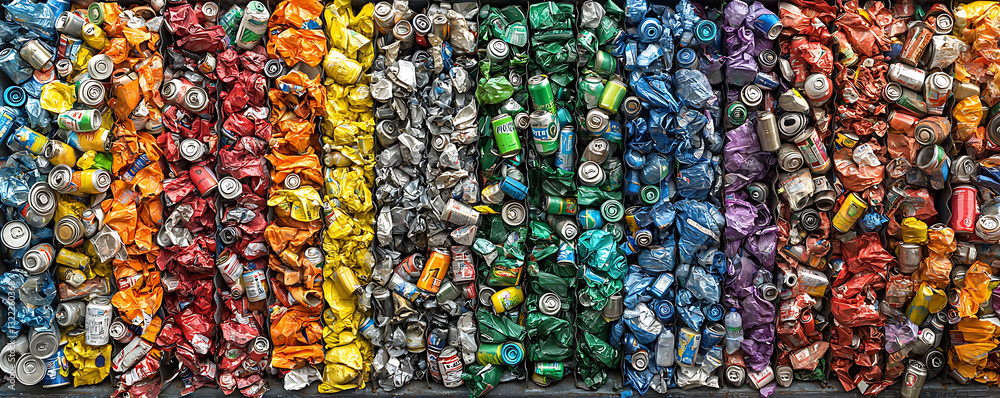 Fototapeta premium Vibrant rainbow of crushed aluminum cans plastic, showcasing recycling environmental themes. Perfect for illustrating sustainability, waste management, or upcycling concepts.