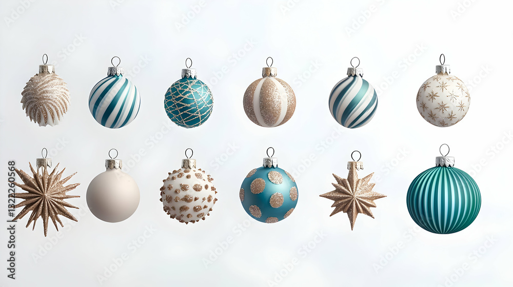 Fototapeta premium Ten Christmas Ornaments in Teal Gold and White Against A Soft White Backdrop