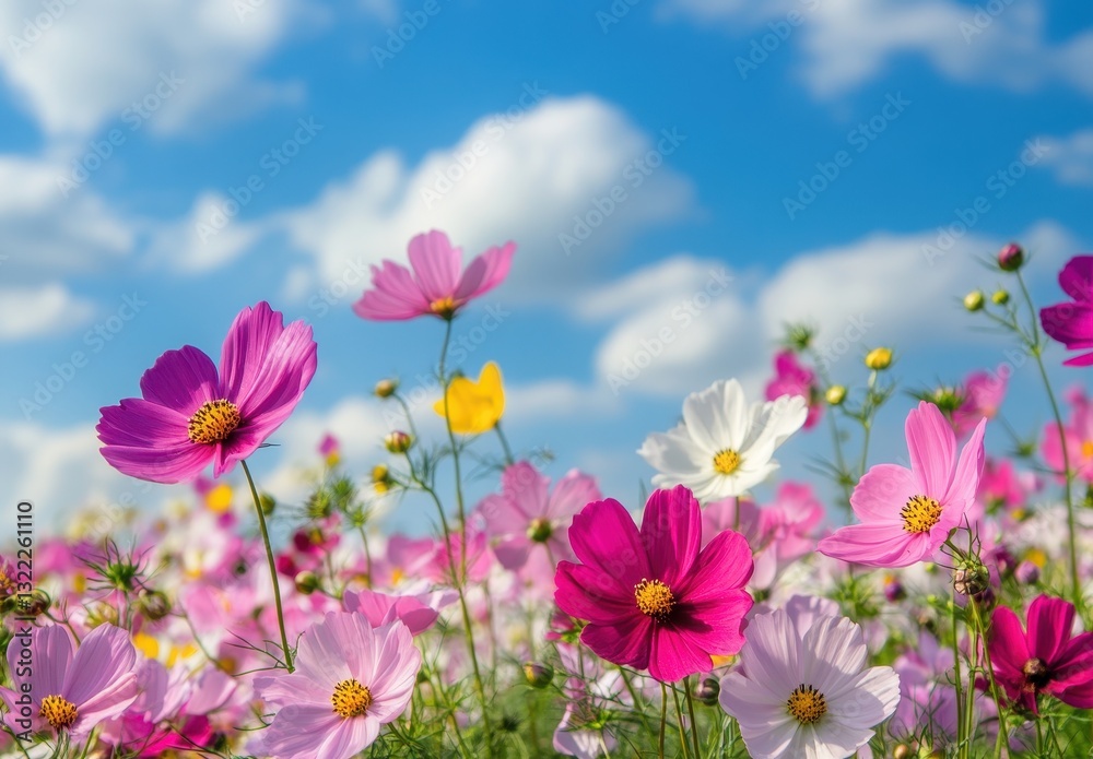 Vibrant Field of Colorful Cosmos Flowers Under a Bright Blue Sky with Fluffy Clouds in a Lush Garden Setting During a Clear Sunny Day Vibrant Field of Colorful Cosmos Flowers Under a Bright Blue Sky with Fluffy Clouds in a Lush Garden Setting During a Clear Sunny Day