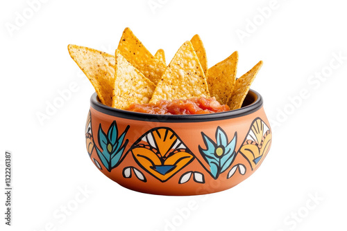 Delicious tortilla chips served with salsa in a beautifully decorated bowl, ideal for snacking and entertaining guests during casual gatherings and parties