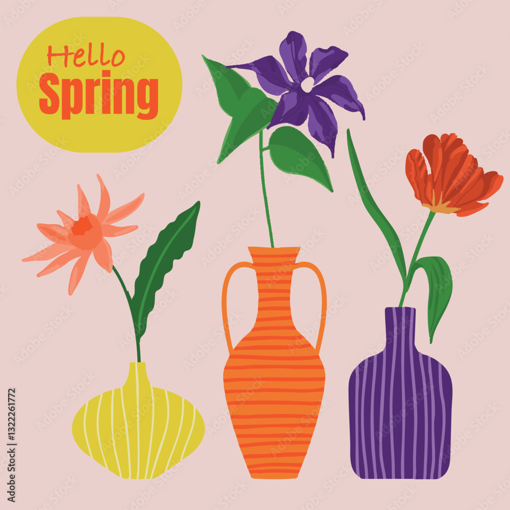Illustration fleur vase feuille printemps violet rouge jaune rouge rose vert vecteur texte