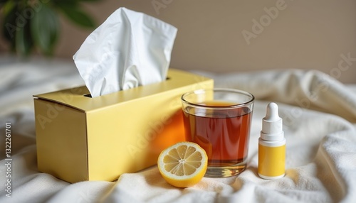 Spring allergy relief items: tissue box, lemon, herbal tea, and essential oil