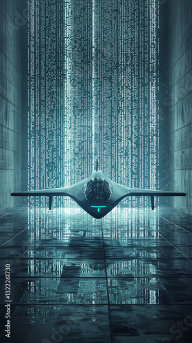 A futuristic military drone equipped with multiple weapons stands in a high-tech hangar, illuminated by intense red and blue lighting.  