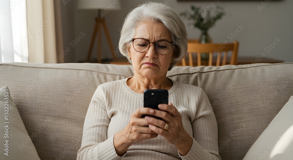 Serious Senior Woman Using Smartphone at Home Serious Senior Woman Using Smartphone at Home