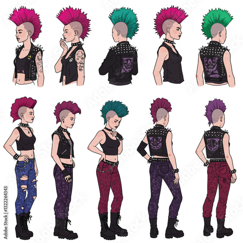 Punk character transformation in flat design showcasing bold hairstyles and edgy fashion in vector art