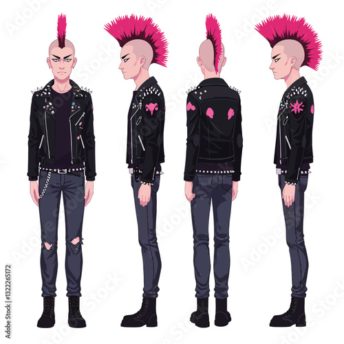 Punk character design in detailed vector illustration showcasing different angles and vibrant colors