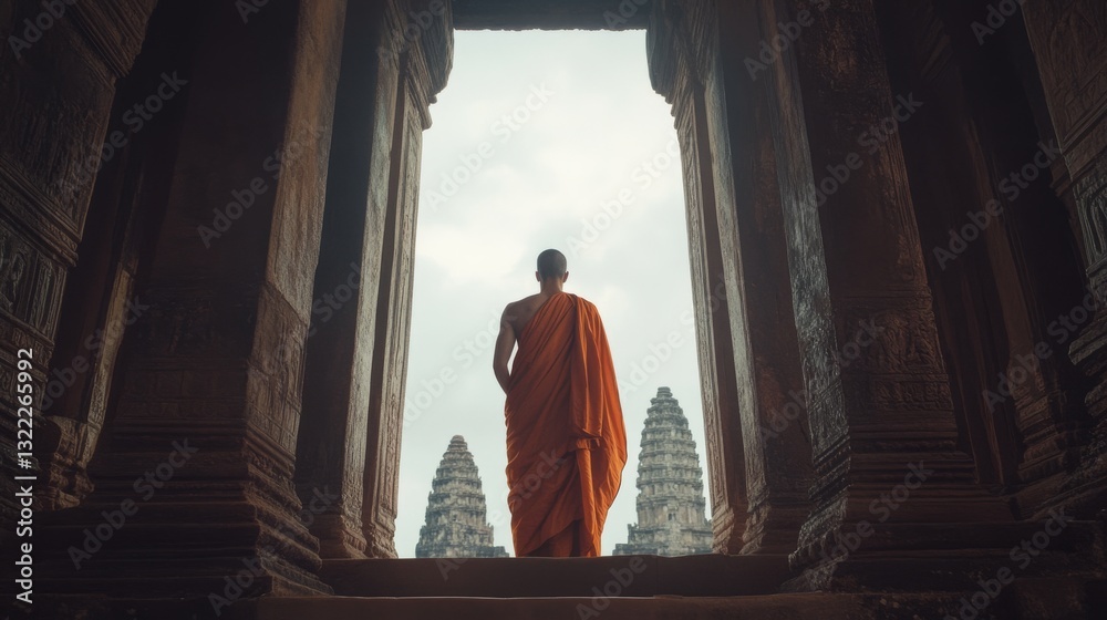 A lone monk in orange robes stands in an ancient stone archway, gazing towards distant temple spires under a cloudy sky, evoking a sense of serene contemplation. A lone monk in orange robes stands in an ancient stone archway, gazing towards distant temple spires under a cloudy sky, evoking a sense of serene contemplation.