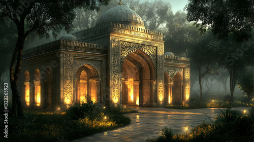Ancient structure in misty forest