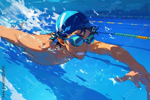 The young man swims freestyle in a clear blue swimming pool