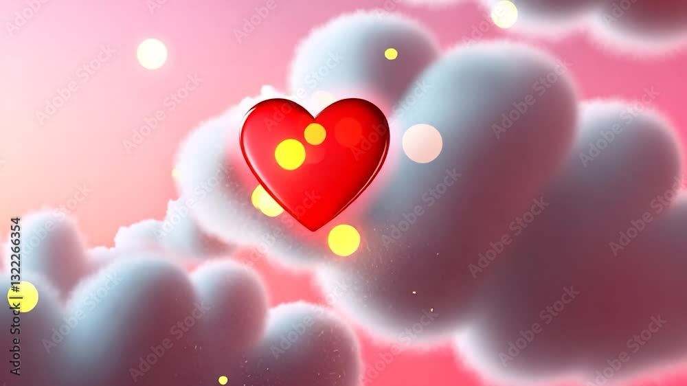 Dreamy clouds with floating hearts and glowing orbs against a pastel sky at sunset