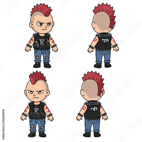 Character design of a punk rocker in flat vector art style with multiple angles and expressions vector art