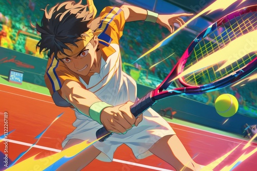 Animated Tennis Player Swinging Racket on a Tennis Court