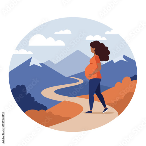Pregnant woman walking on winding path in mountains, flat design vector art
